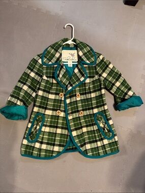 Tabitha Green and Cream Plaid Pea Coat with Teal Trim